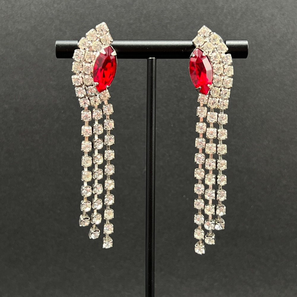 Vintage Rhinestone‎ Earrings Red Silver Tone Fringe Chandelier Formal 2.75"